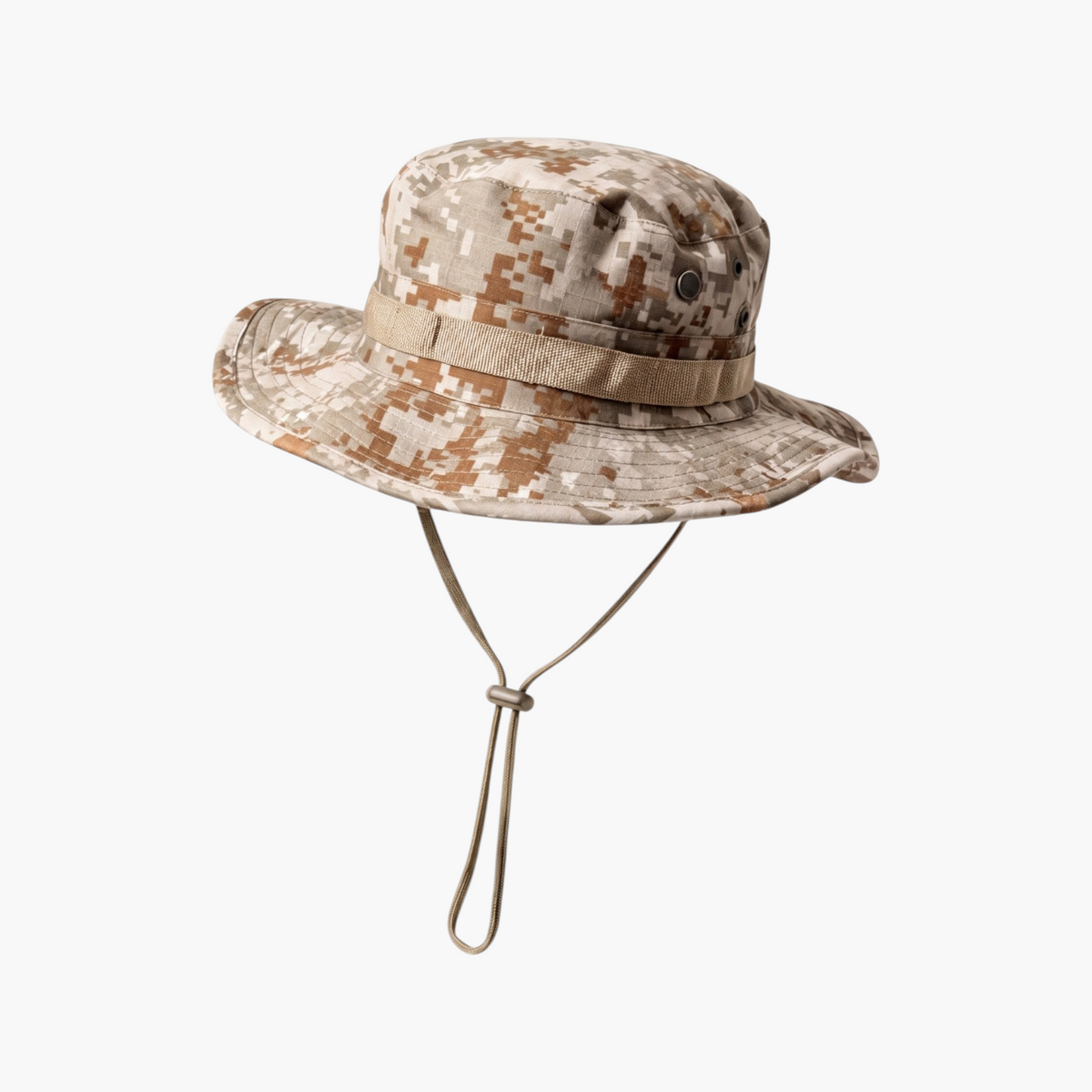 Sombrero camboyana táctico militar con camuflaje digital desierto para actividades outdoor y protección solar.