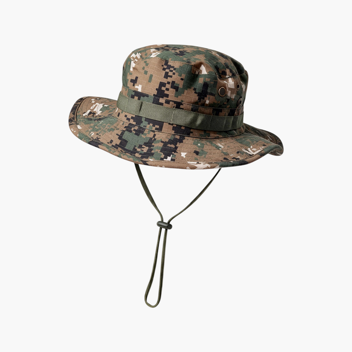 Sombrero pava táctico militar con camuflaje digital selva para actividades outdoor y equipamiento de combate.