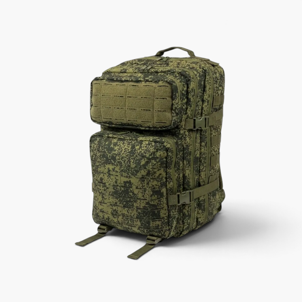 Morral táctico de 25 litros con camuflaje digital selva y sistema MOLLE para misiones militares y uso outdoor.