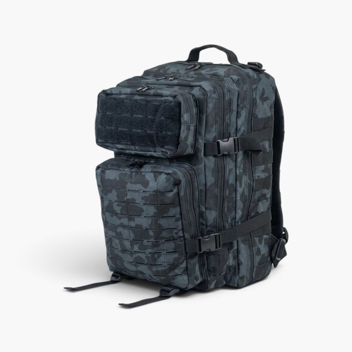Morral táctico de 40 litros negro y sistema MOLLE para misiones militares y uso outdoor.